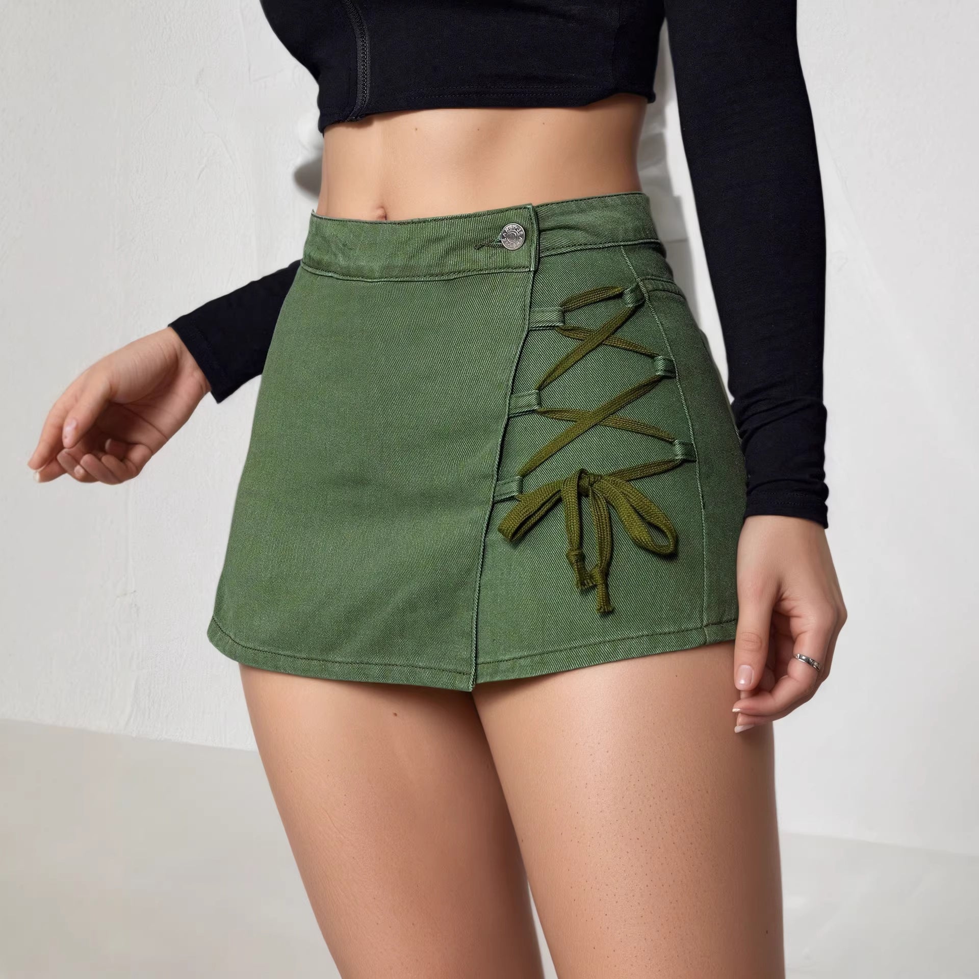 Lace-Up Mini Denim Skirt