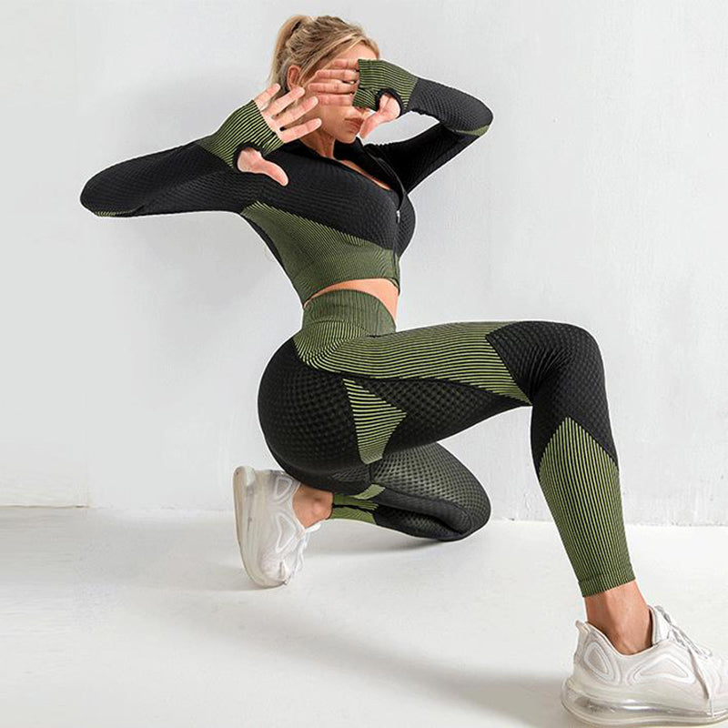 Seamless 3-Piece Activewear Set – Crop Top, Bra & Leggings
